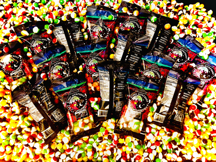 Close-up of freeze-dried Skittles inside the ARKANSkittles bag, showing their crunchy texture.