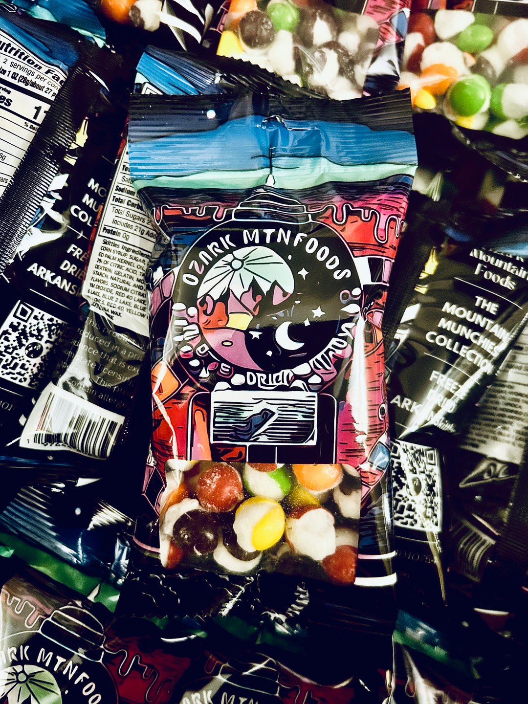 Front view of ARKANSkittles 2 oz bag with vibrant, custom packaging.